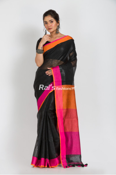 Premium Quality Fine Linen By Linen Saree With Contrast Color Border And Pallu (KR150)